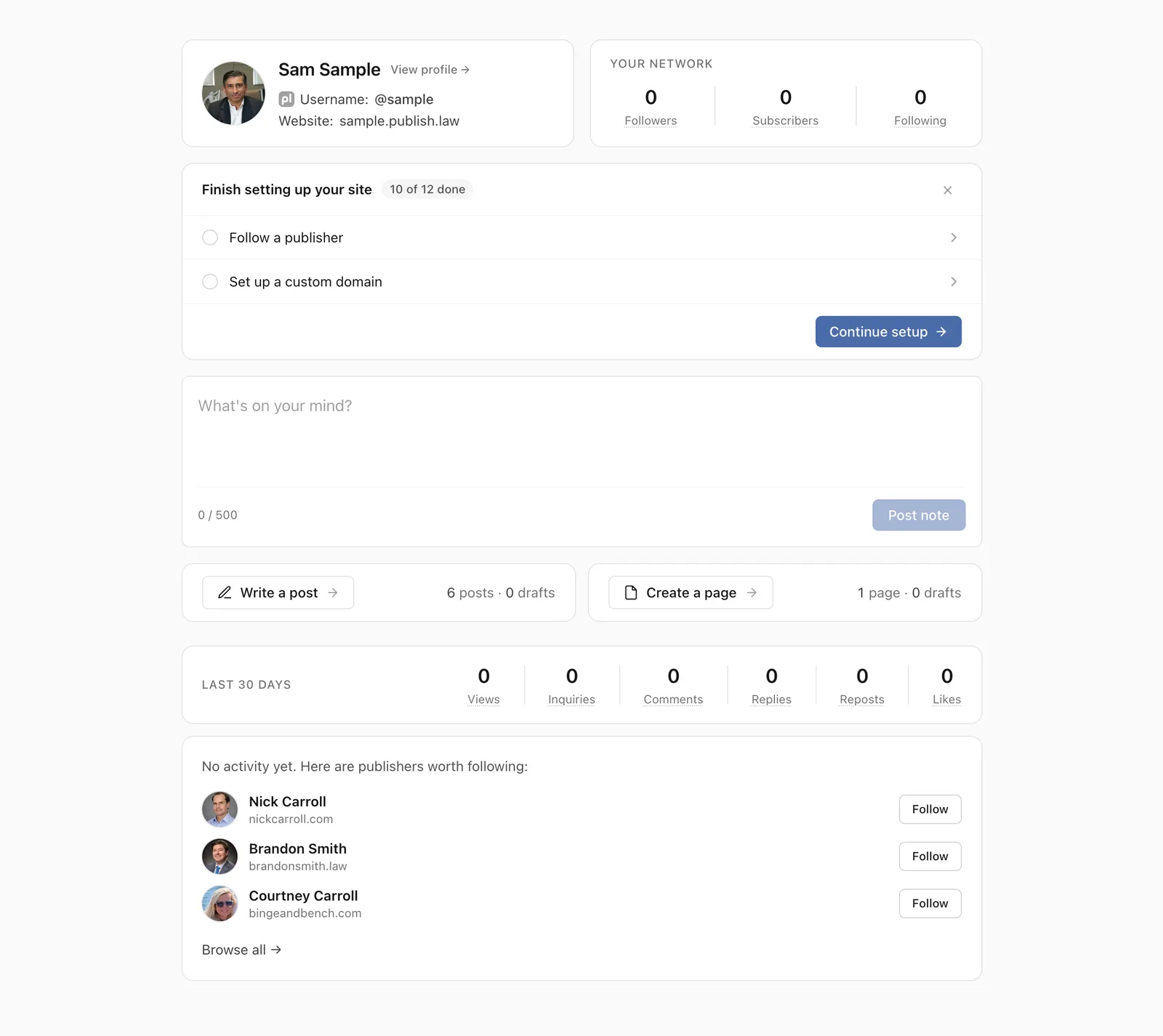 The dashboard Home page with the setup checklist